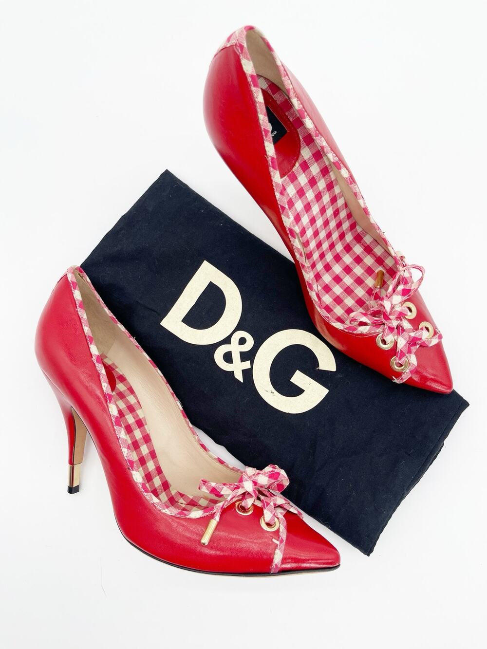 Dolce Gabbana D&G Vintage Red Leather Gingham Bow Pointed Toe Pumps Heels IT 39